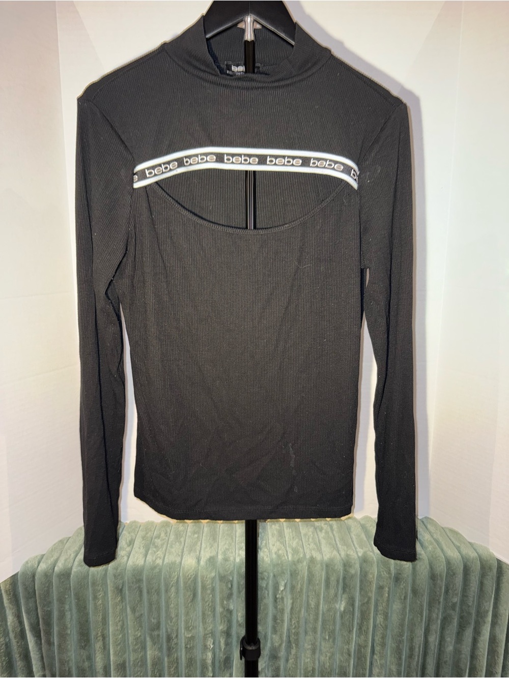 Y2K style bebe Black Long Sleeve Mock Neck Top with Branded Cutout